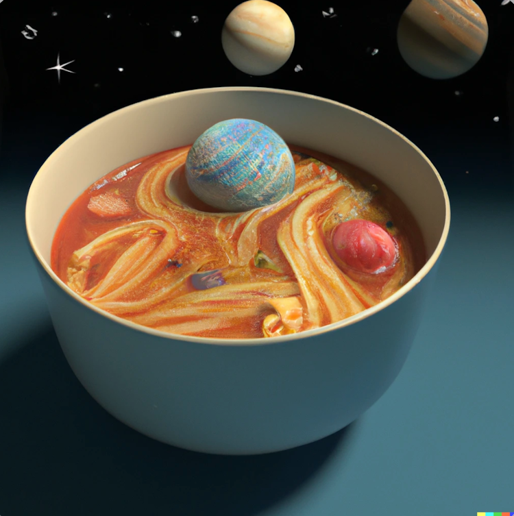 Noodle soup with planets inside