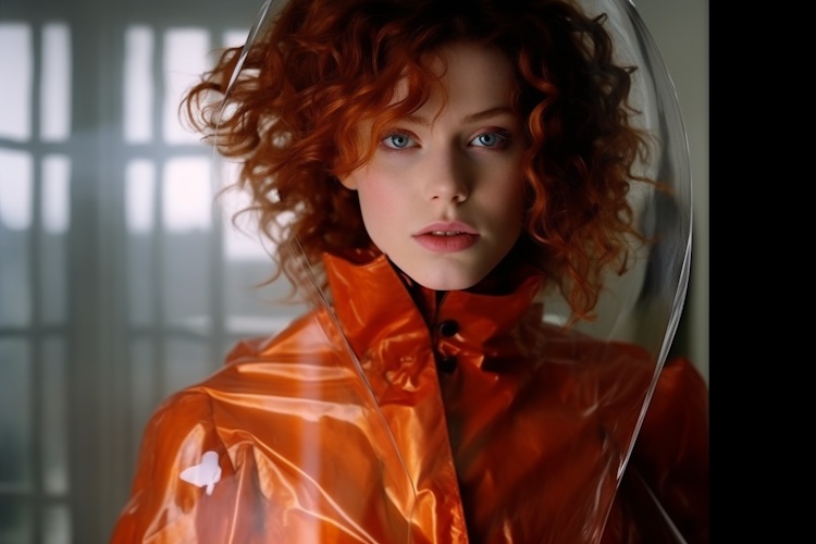Woman in orange raincoat portrait