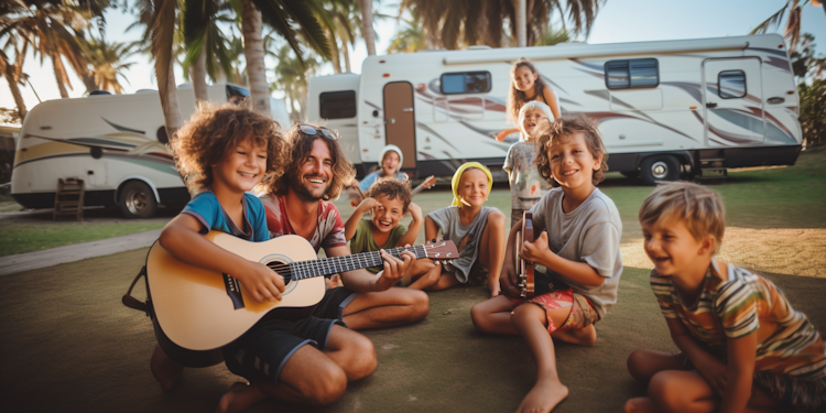 Stock photograph of kids camping