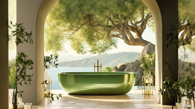 Green bathtub in a courtyard villa