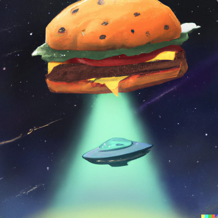 A cheeseburger abducting an UFO