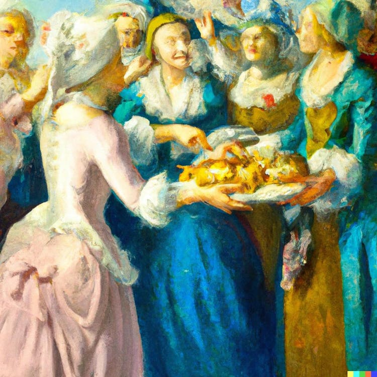 Oil painting of Mary Antoinette distributing cakes