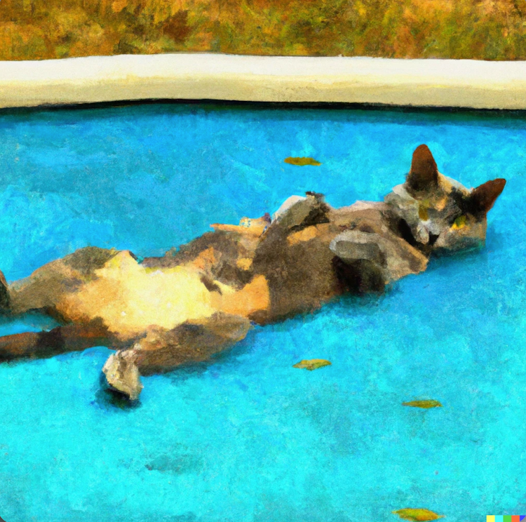A cat cooling off in a pool