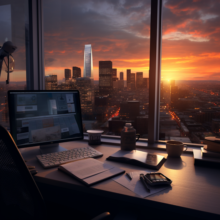 Stock photograph of sunrise in the office