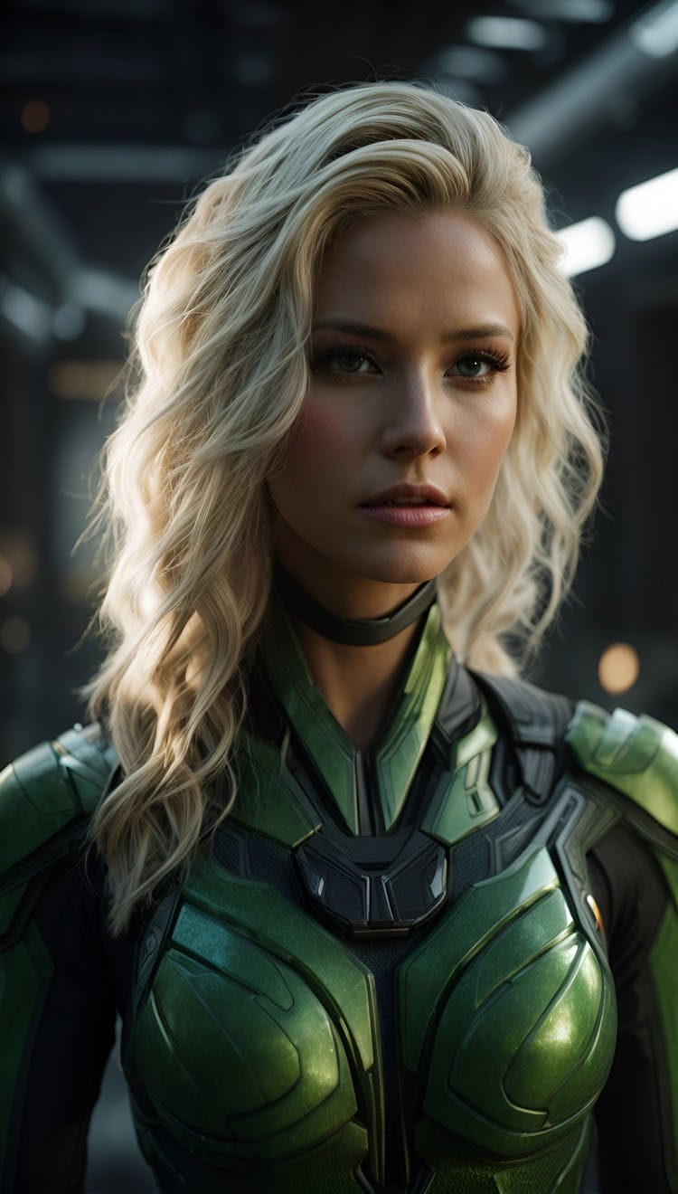 A blonde woman in green armor 