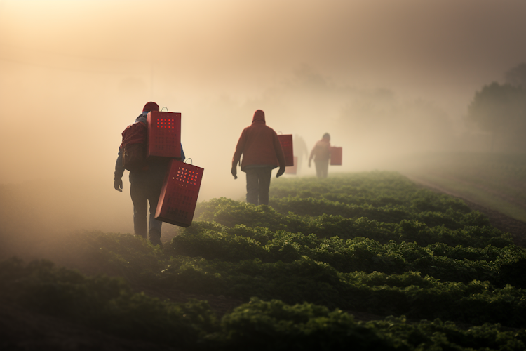 Farmers carrying boxes in a farm