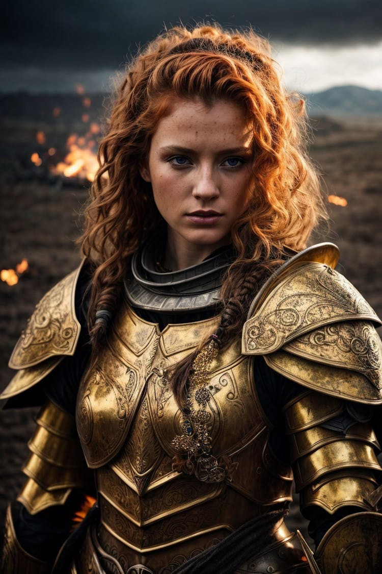 Female divine wearing full gold armor
