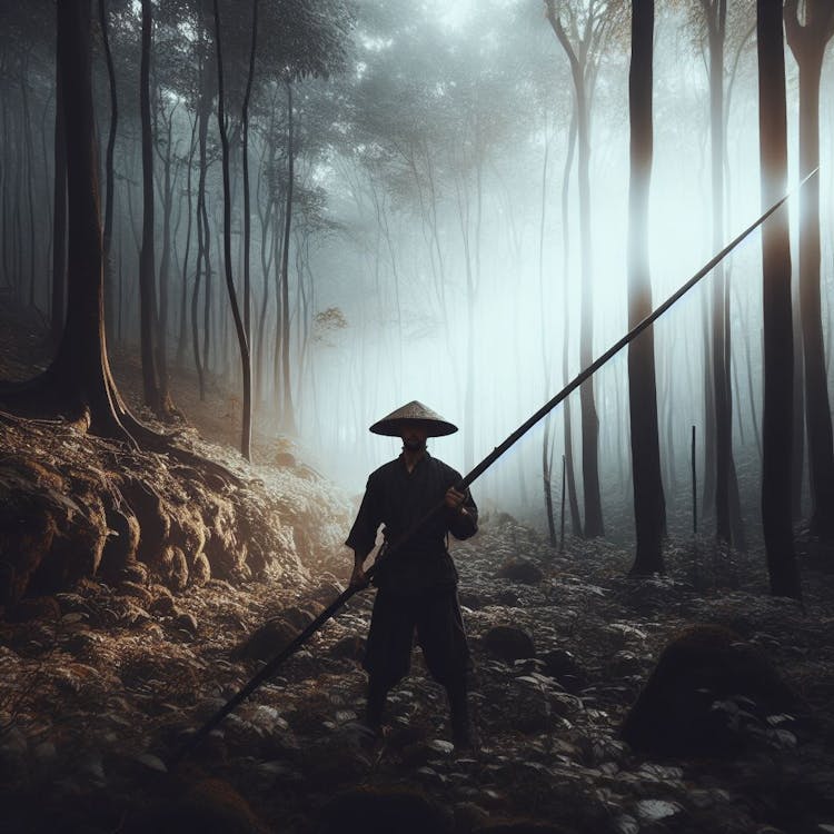 Man in forest holding spear