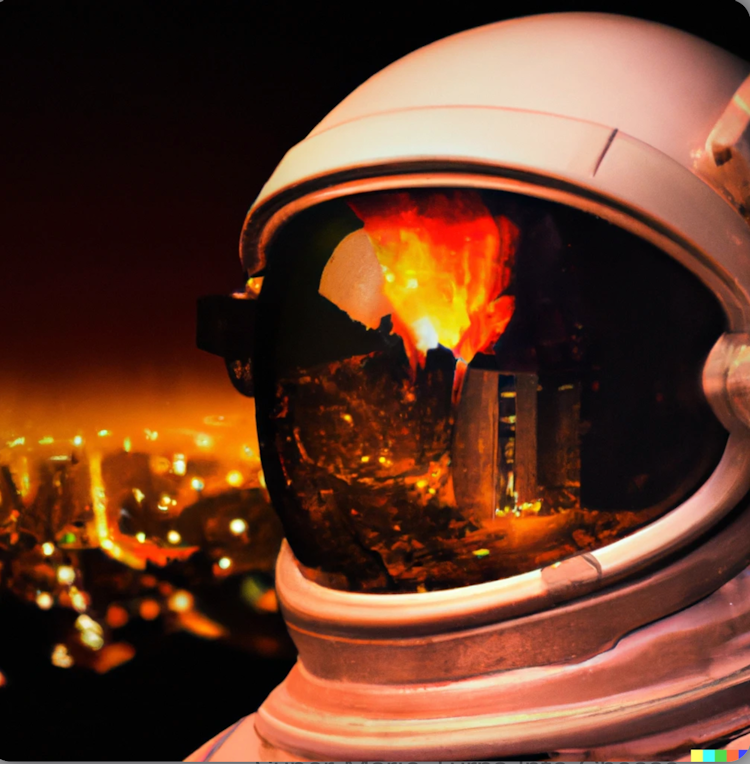 An astronaut watching a city on fire