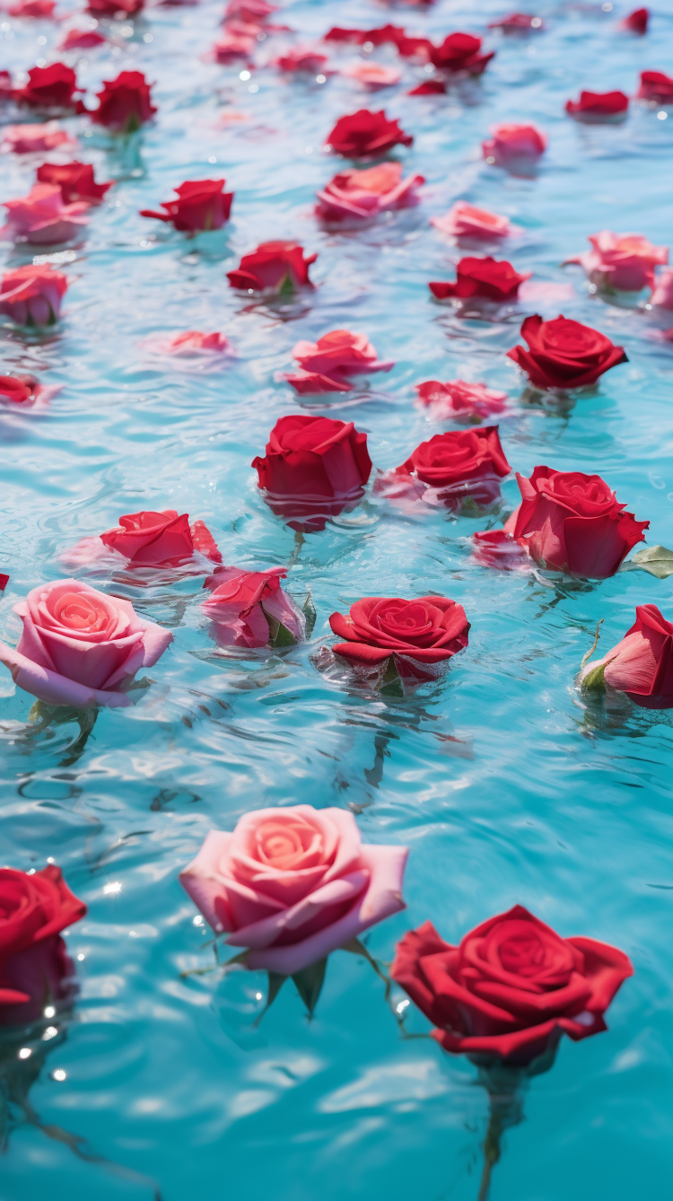 Roses floating in turquoise water