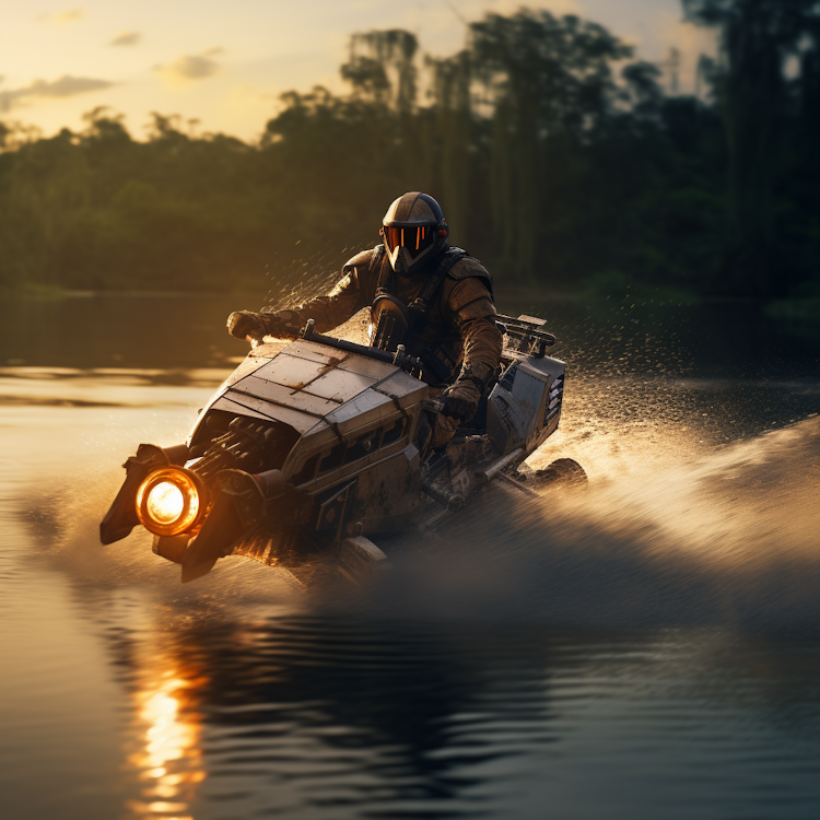 A person flying a speederbike on a river 