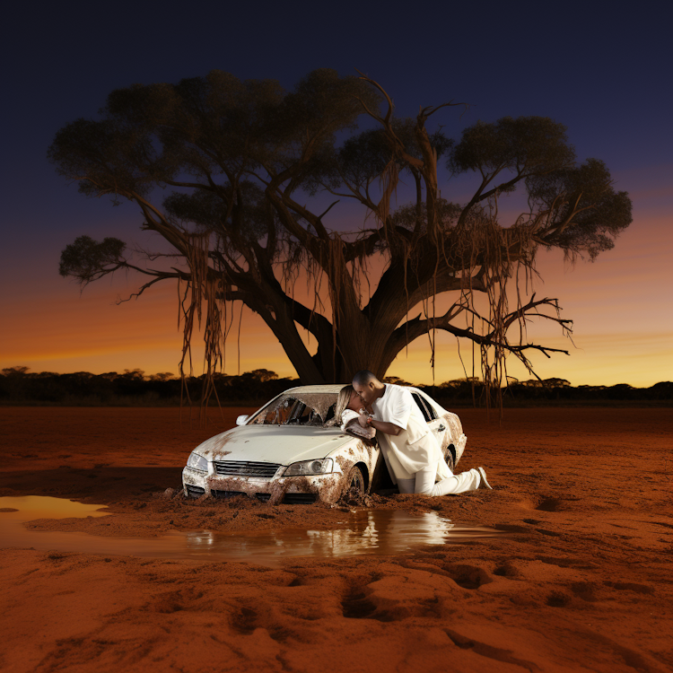 A white car in a surreal desert