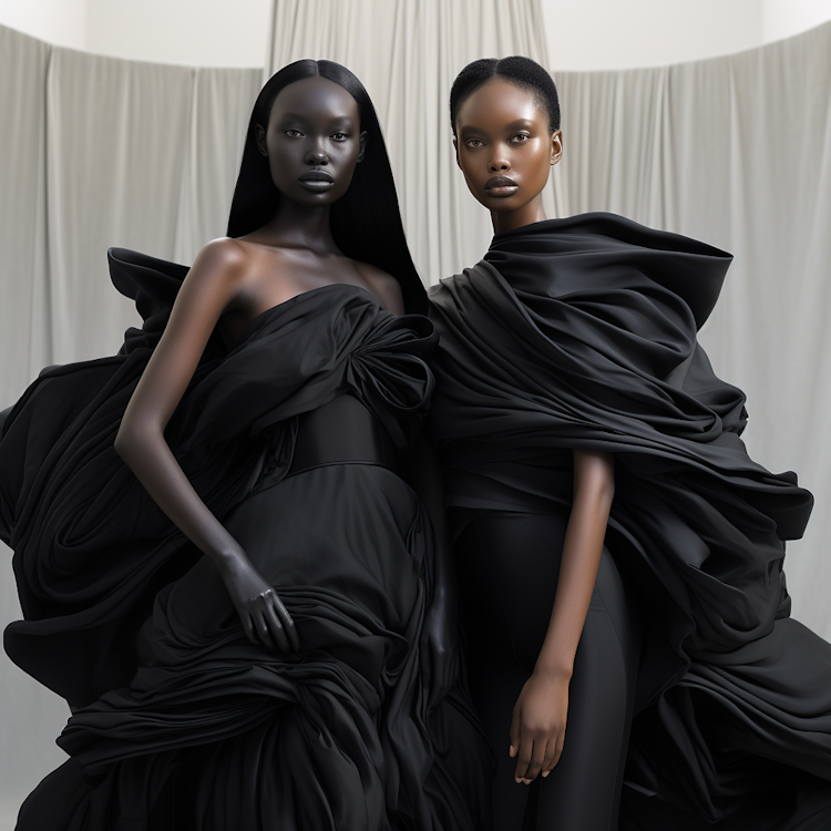 Fashion portrait of two models in long black dresses