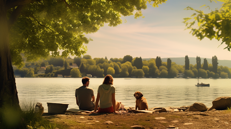 A family sitting with their dog by a lake