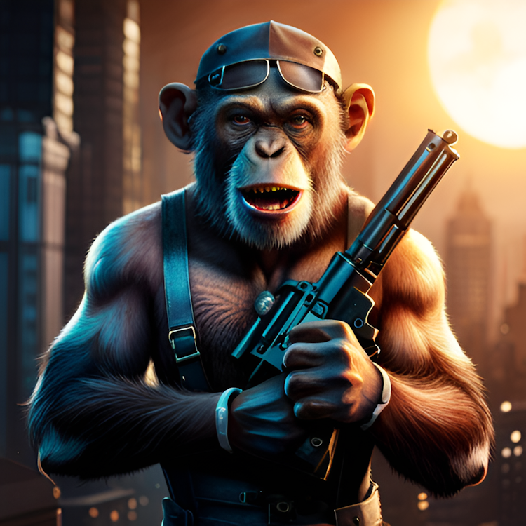 Chimp holding a machine gun