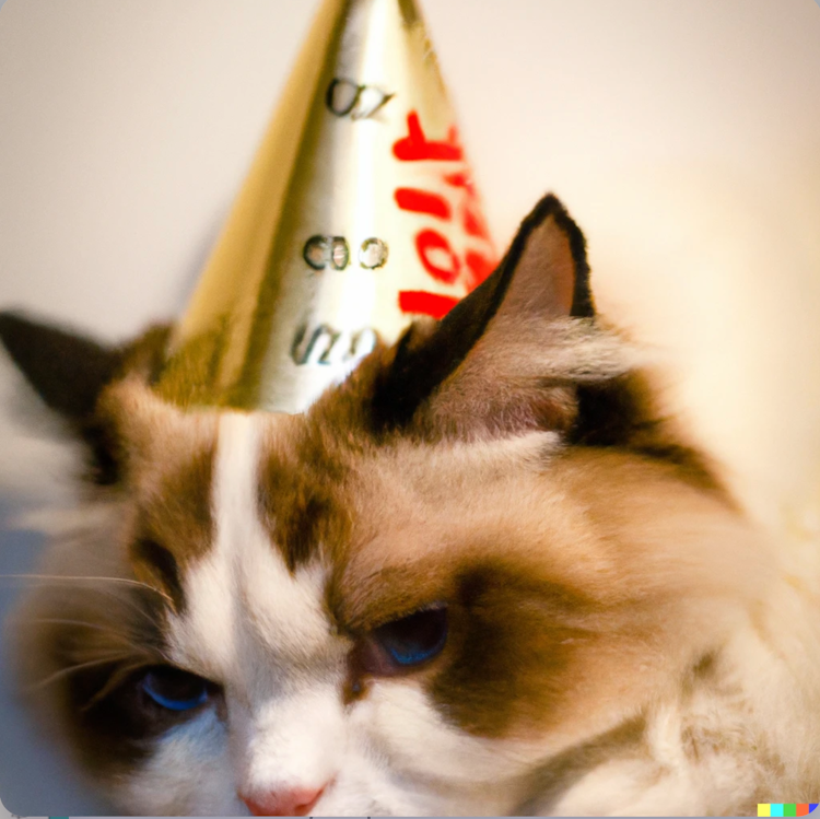 A sad ragdoll cat wearing a party hat 