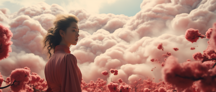 Asian model in red and white clouds