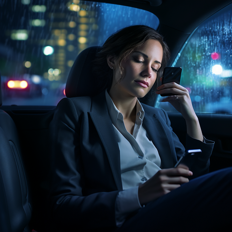 A tired woman in car with rain outside