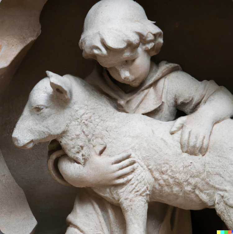 Marble statue of a boy and a lamb