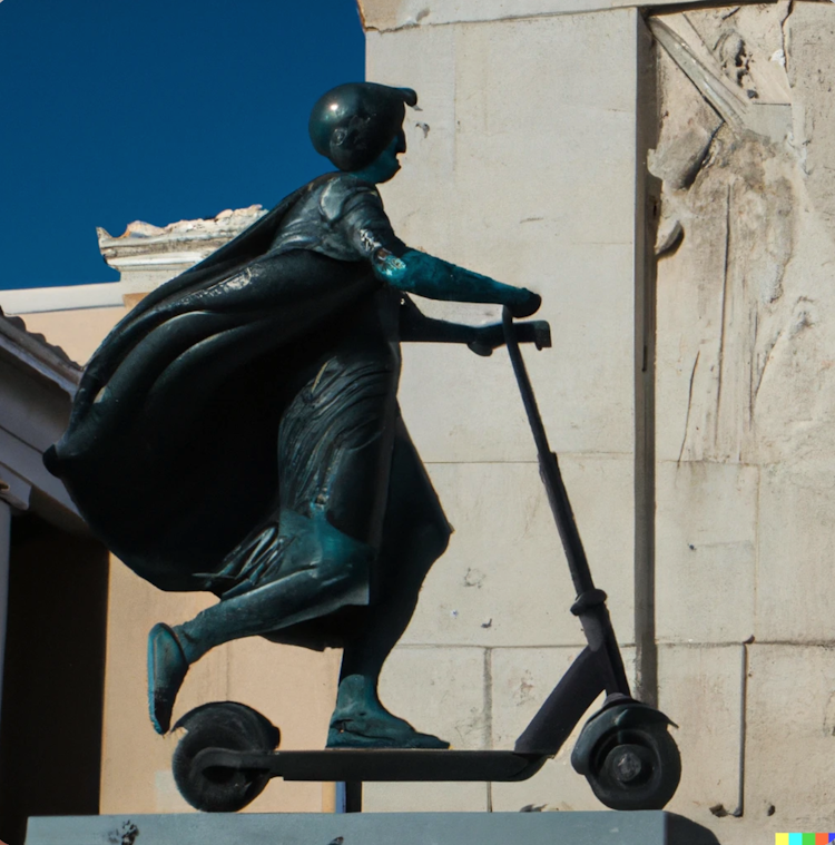 Ancient Greek statue on an electric scooter