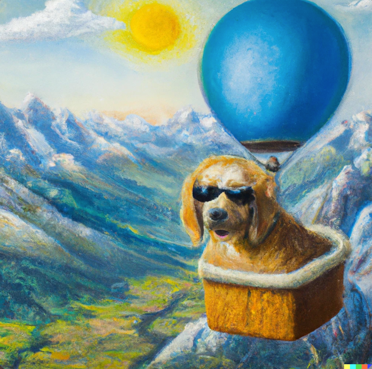 Dog with sunglasses in an air balloon