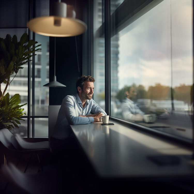 Stock photograph of a business man on coffee break