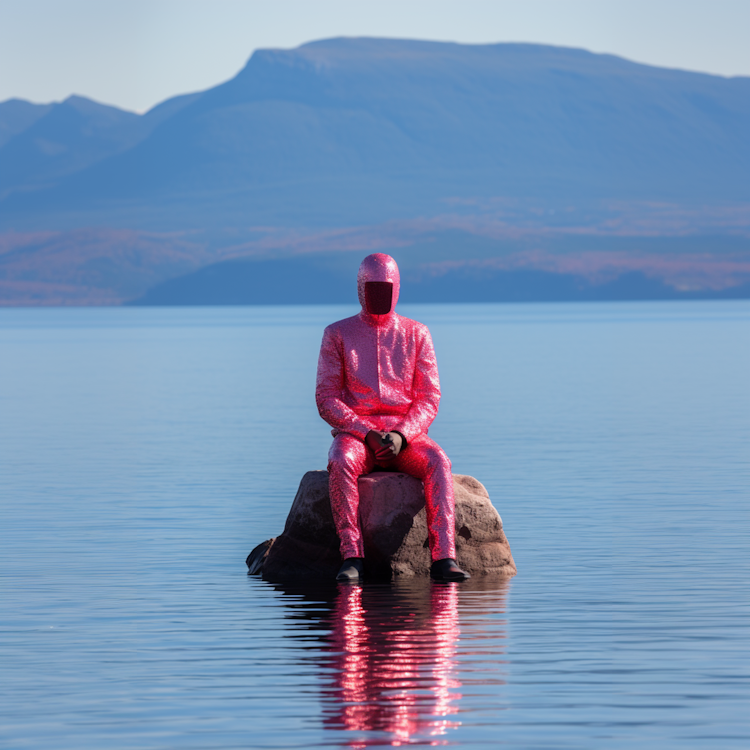 A man in pink suits in the middle of a river