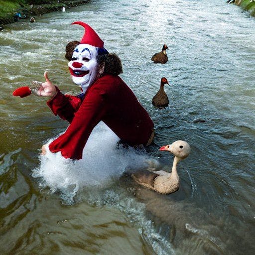 Clown getting pulled by geese