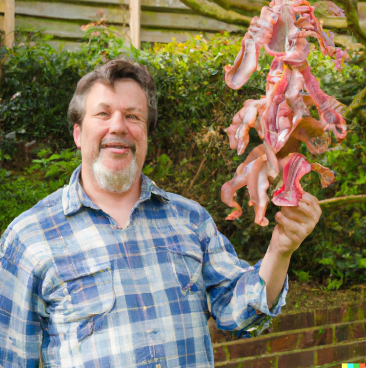 A gardener showing off his bacon tree