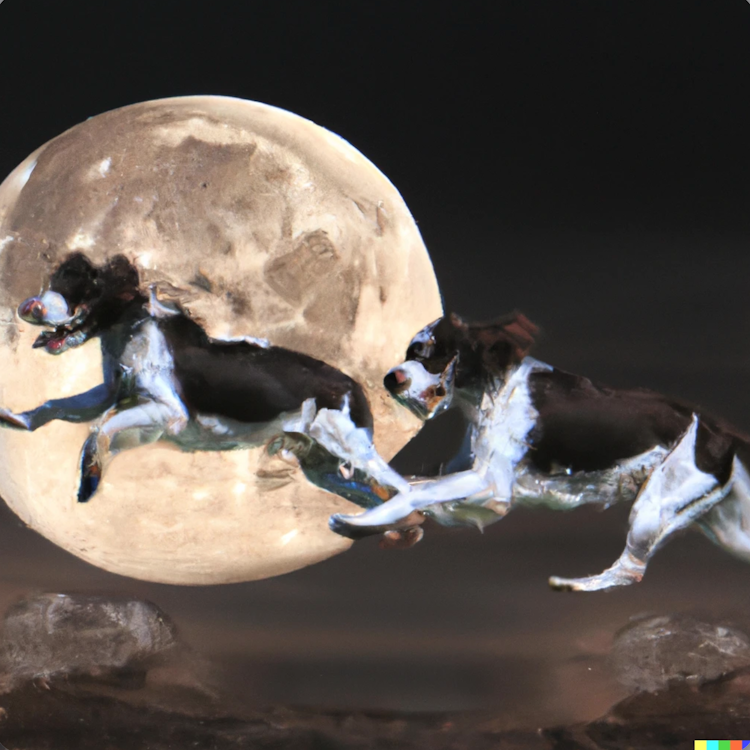 Dogs running across the moon