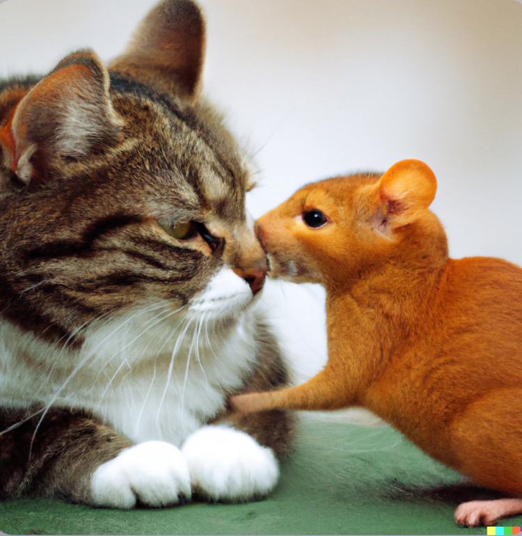 A mouse kissing a cat