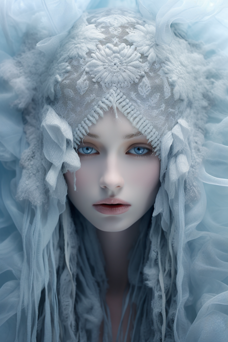 A woman in blue feather veil 
