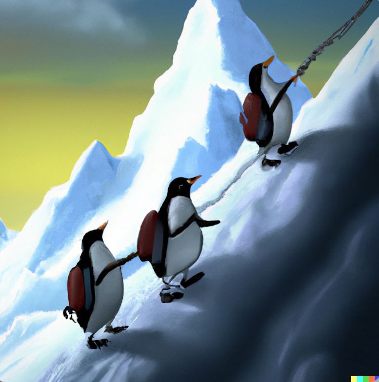Three penguins climb Mount Everest