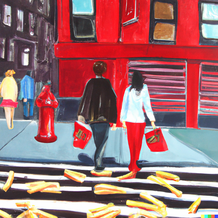 Street photograph of people and French fries