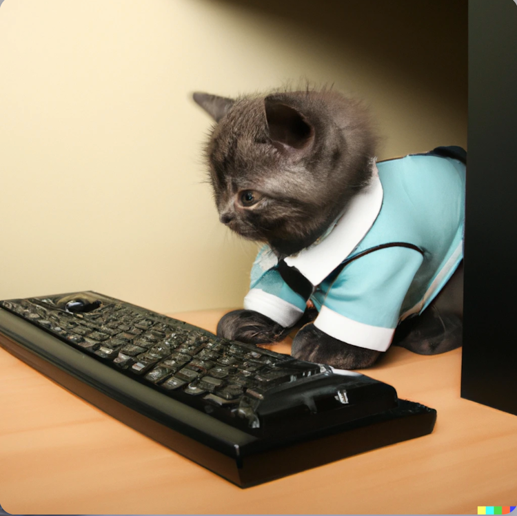 A kitten typing at a computer