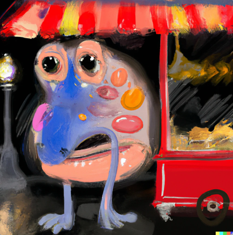 Blobfish working at a hotdog stand