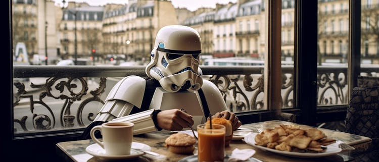 Stormtrooper enjoying breakfast in Paris