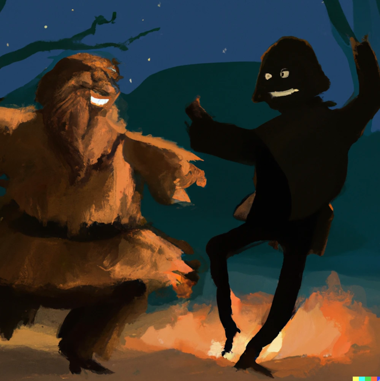Chewbacca and darth vader dancing around camp fire