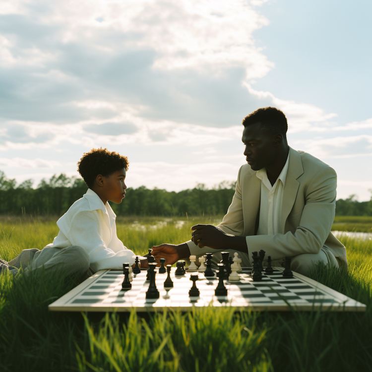 Outdoor chess lesson between father and son