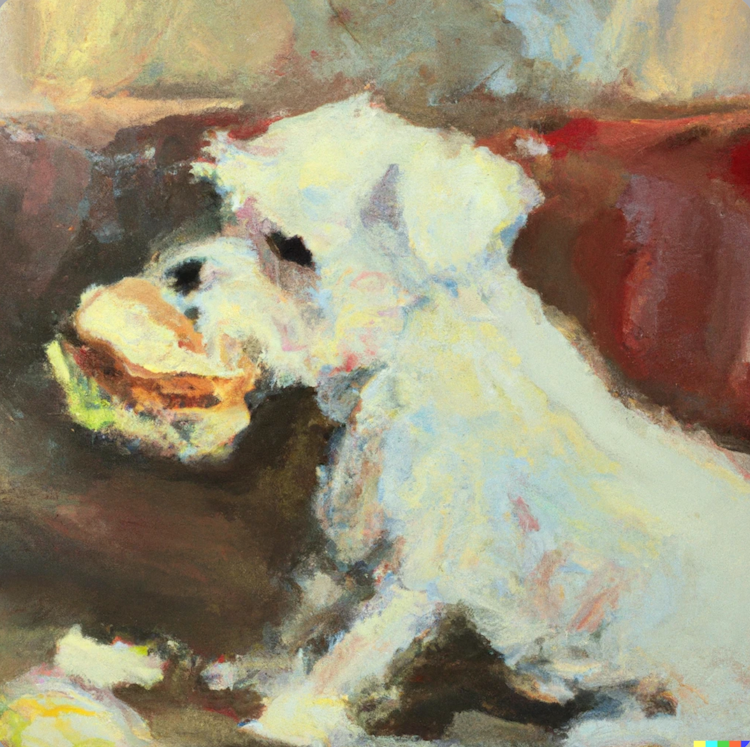 A white small dog eating a chicken sandwich