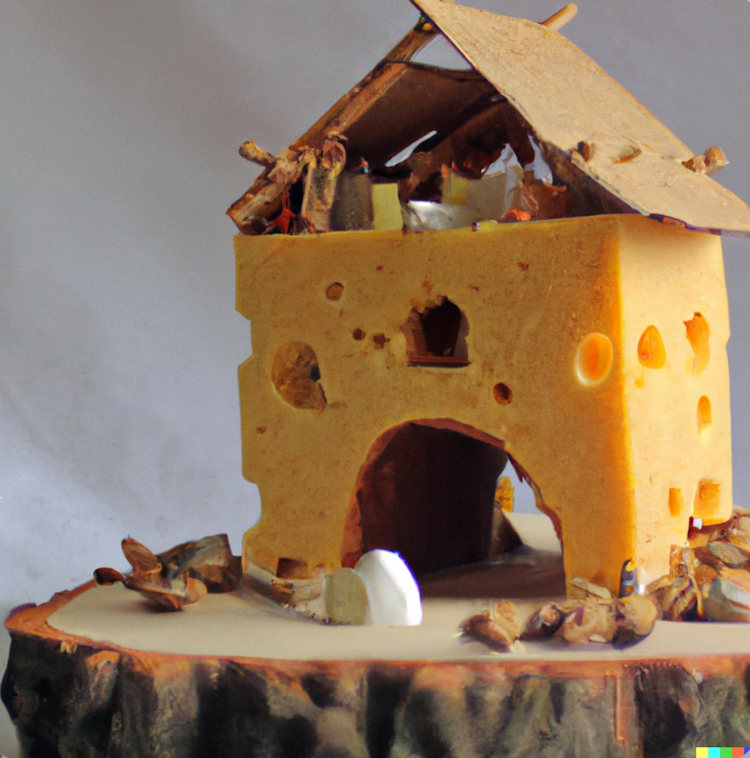 Mouse house built out of cheese and nuts