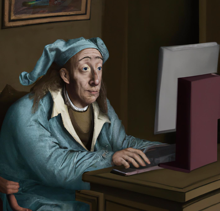 A renaissance painter creating art on his computer
