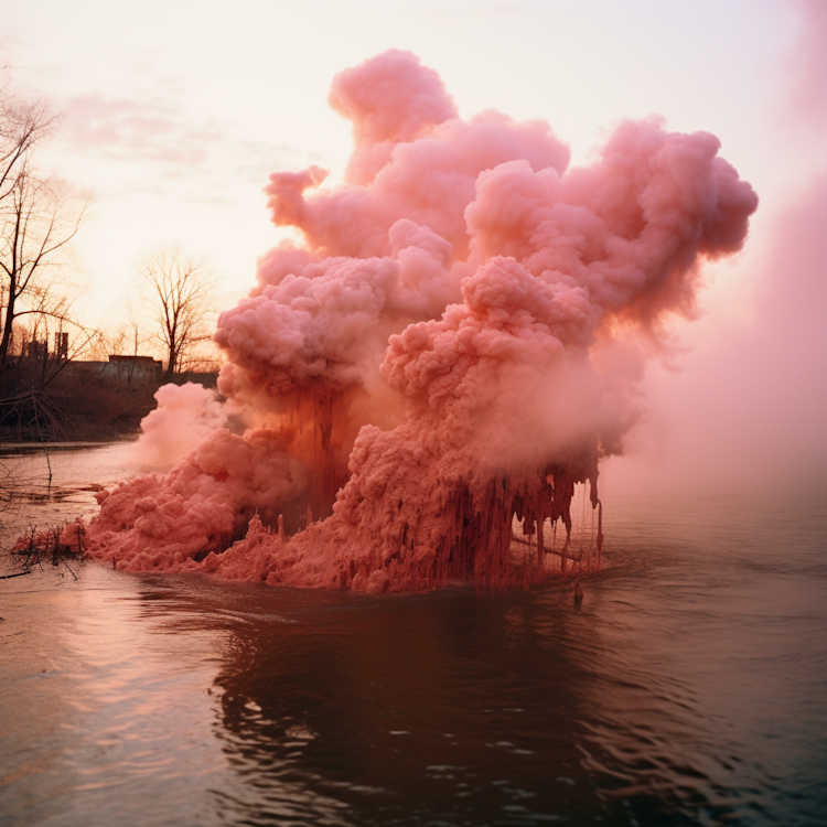 Red smoke rising up from water 
