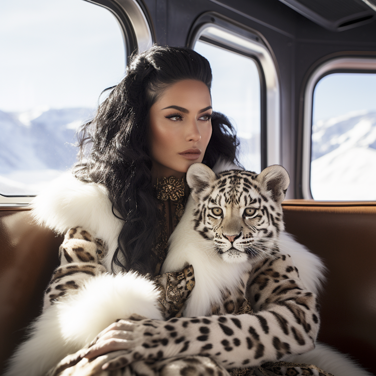 Woman with a baby snow leopard