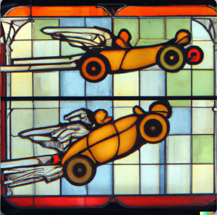 Stained glass window of flying cars