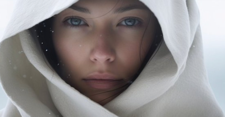 Woman wearing white-hooded-cape