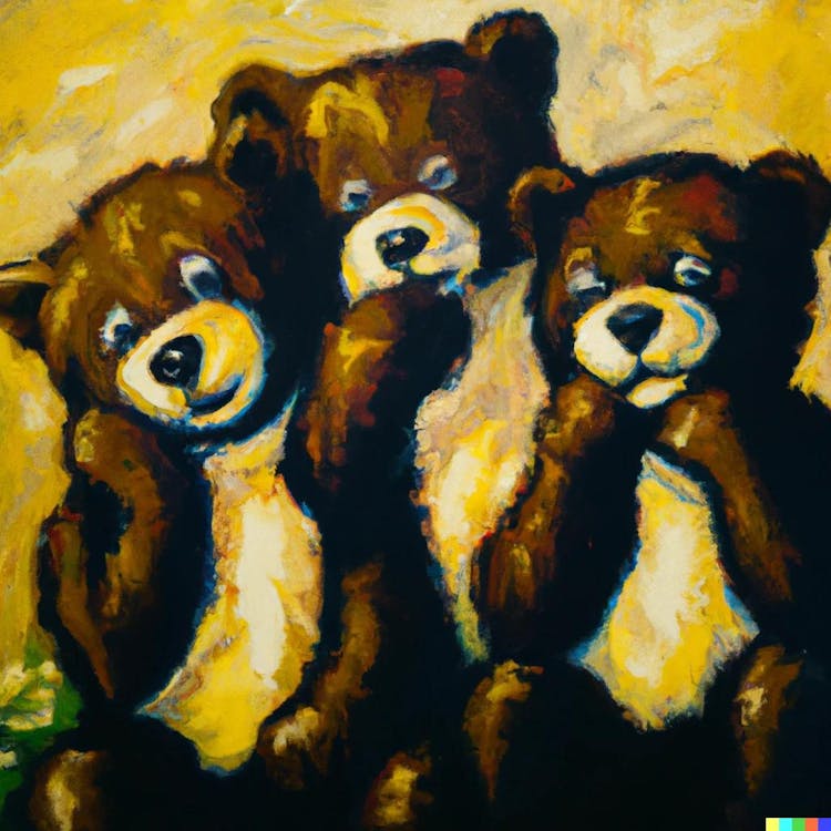 Oil painting of three teddy bears