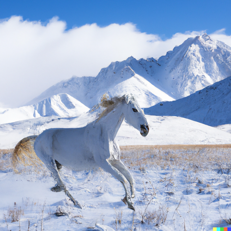 A white horse in snow mountain