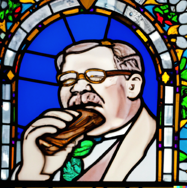 A stain glass portrait of Teddy Roosevelt