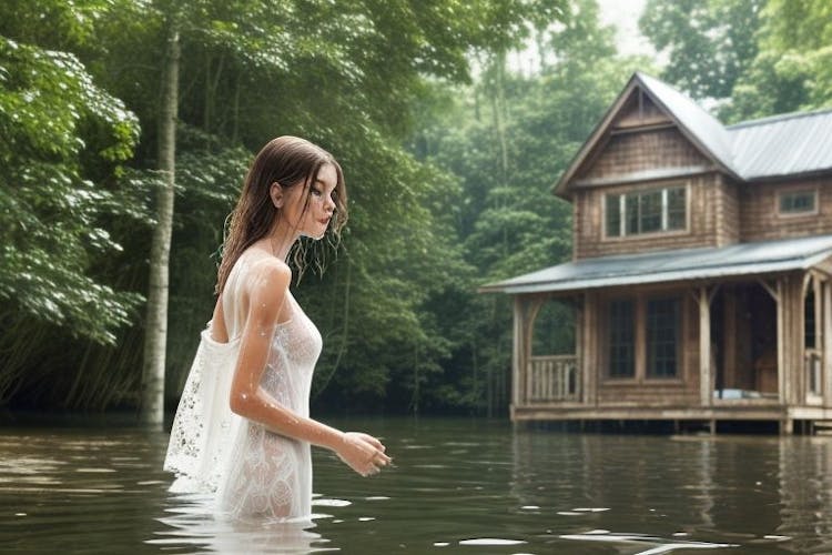 A girl standing in the lake